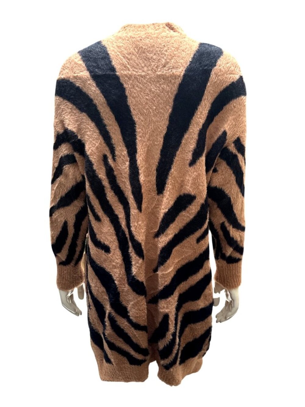 Forever 21 Size Small Beige Black Zebra Cardigan Fuzzy Longline Glam Grunge Cozy - Picture 4 of 10